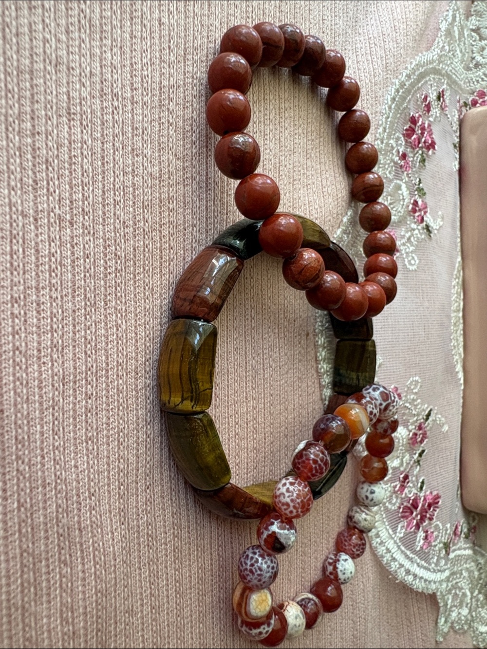 Red and Brown Beaded Stretch Bracelet (Set of 3)